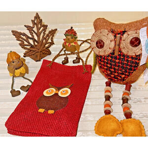 Lot of two straw owls Ceramic Birds Cast Iron Candle Votive Holder Seasonal New